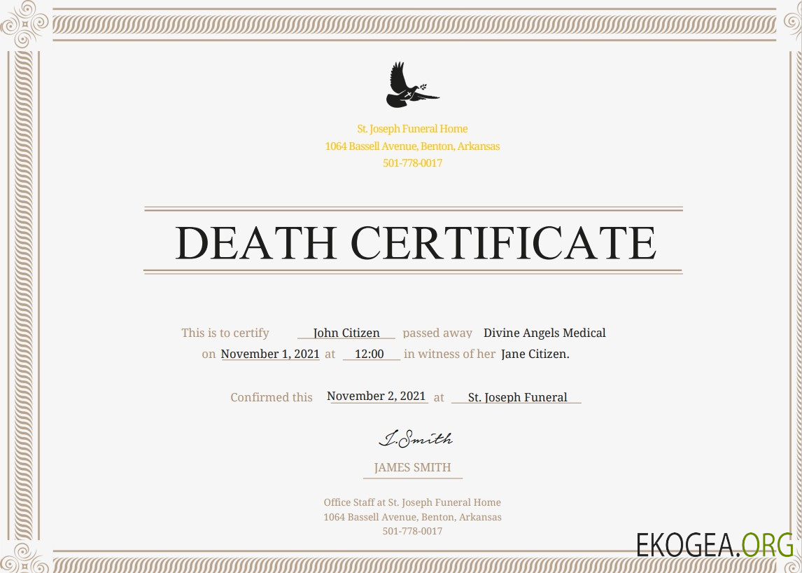 Certificat de décès aux États-Unis template Certificat de décès aux États-Unis template